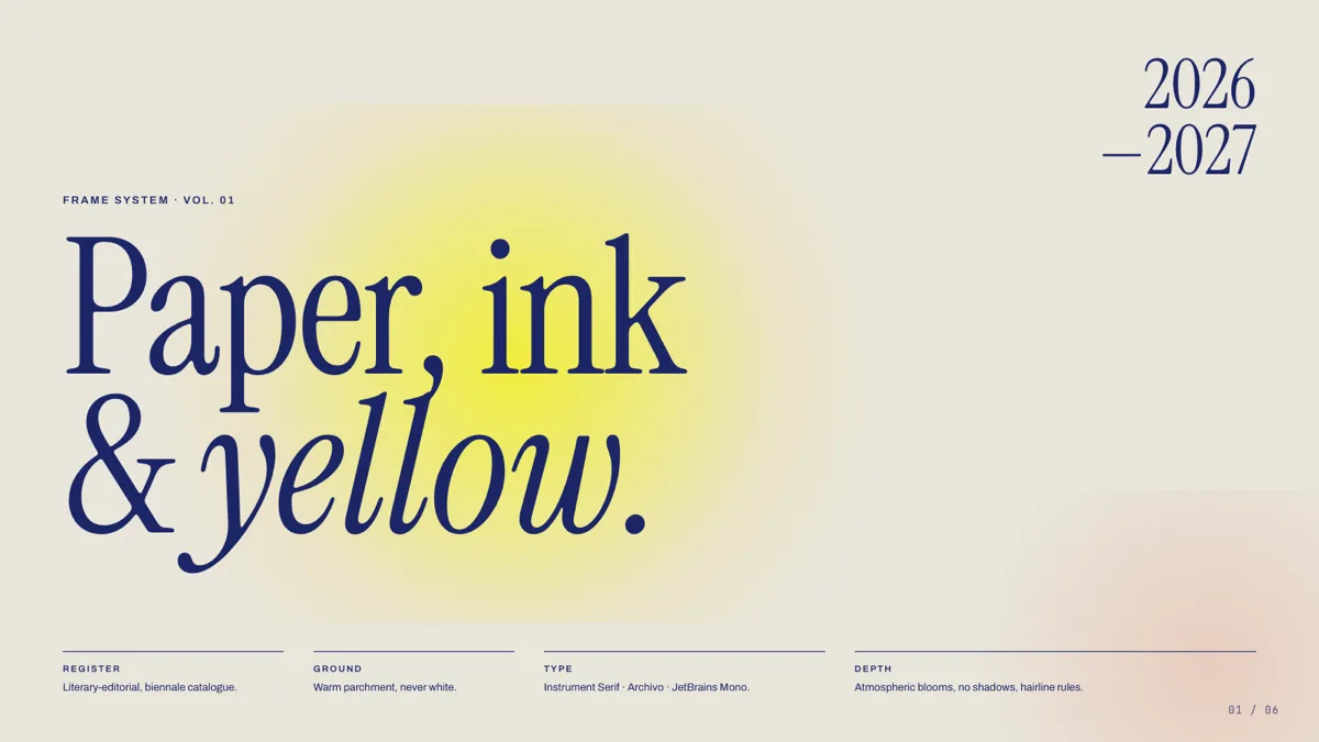 Biennale Yellow 模板的一帧:把设计规格直接印在画面上