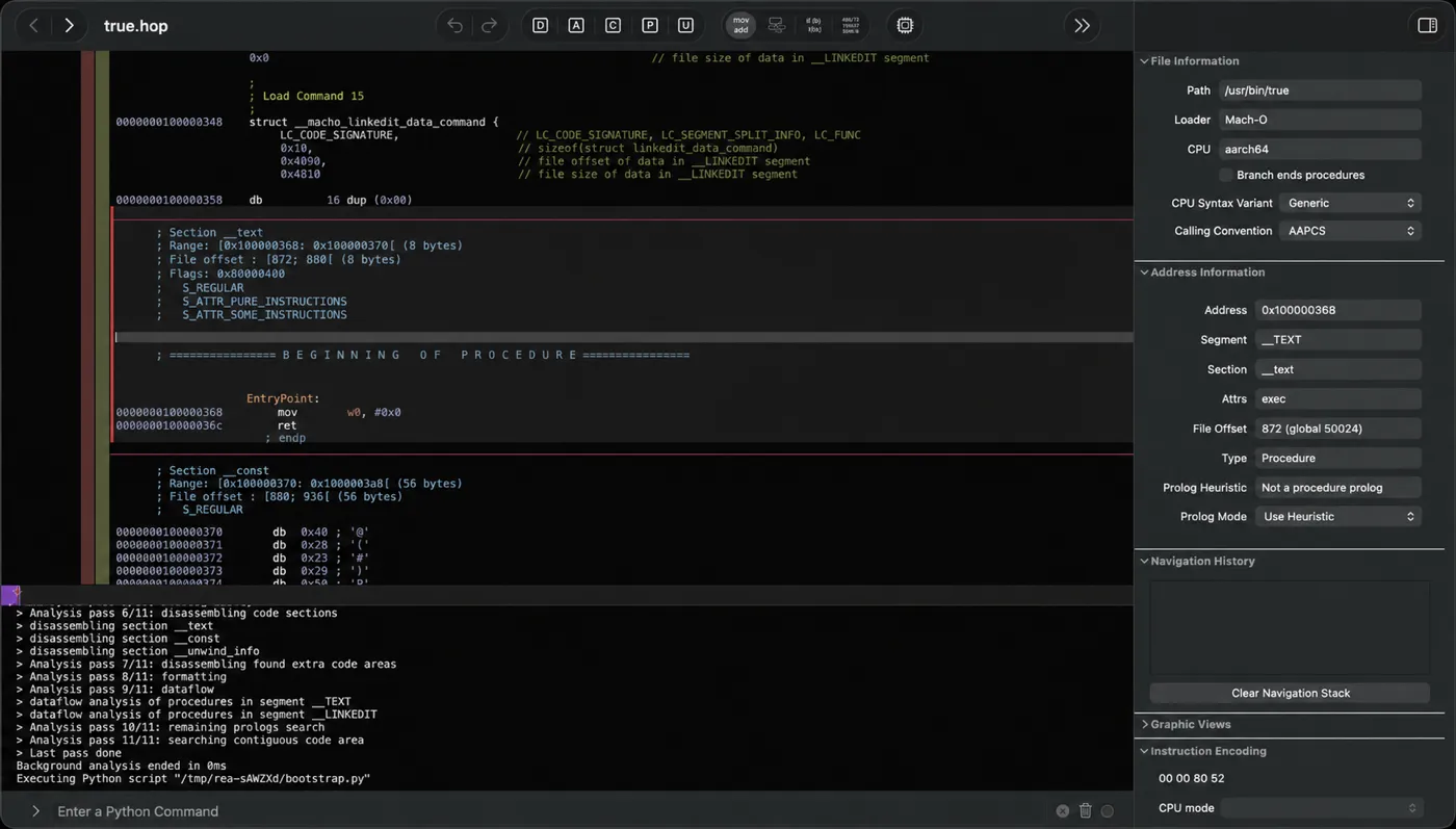 Hopper 里跑着 REA 的分析桥：底部控制台显示 python bootstrap 脚本被注入
