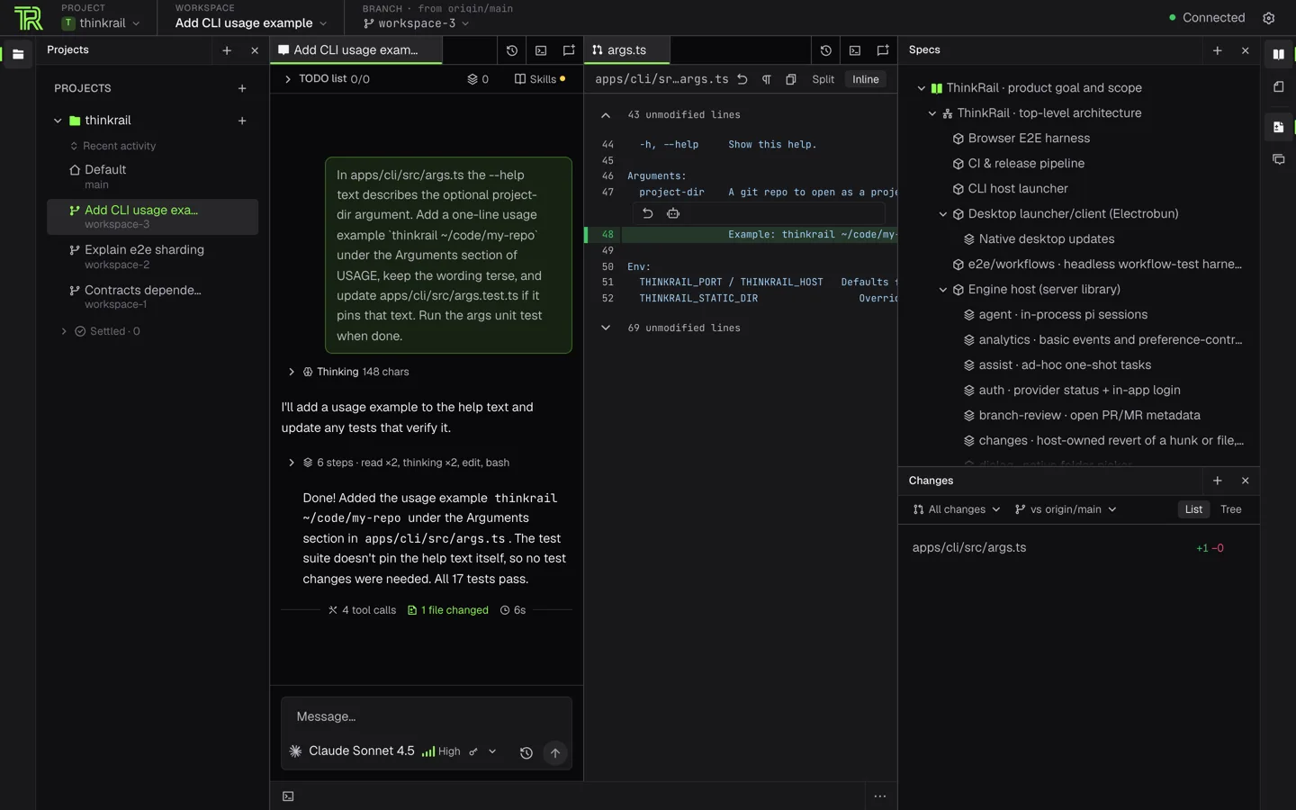 ThinkRail 主界面：左边是 project 与 workspace 列表，中间是 pi 会话，右边是 diff、Specs 树和 Changes